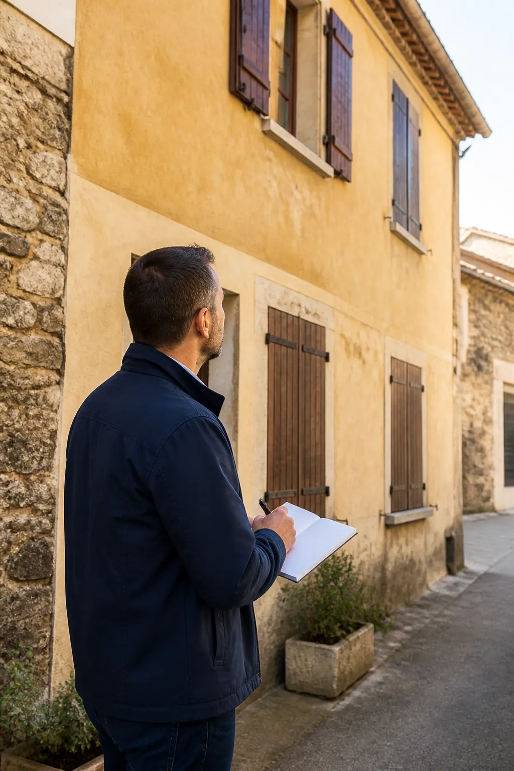 Expert en bâtiment devant une maison de ville en pierre avant un achat à Bagnols-sur-Cèze