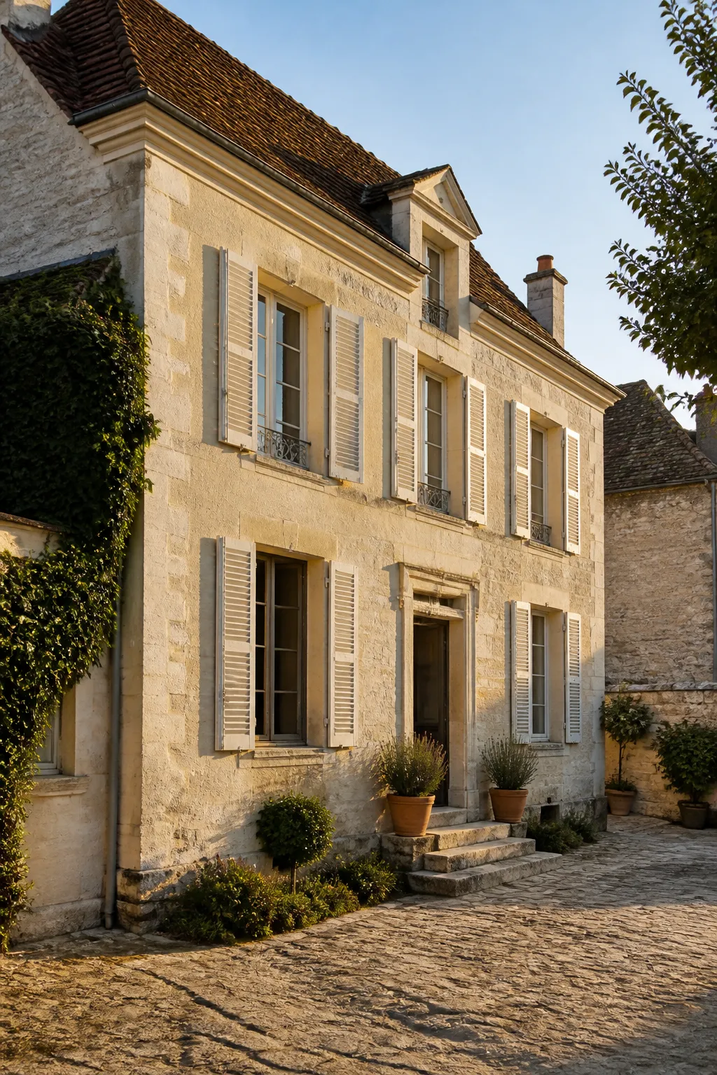 Maison ancienne en pierre avec toiture en tuiles plates et volets en bois