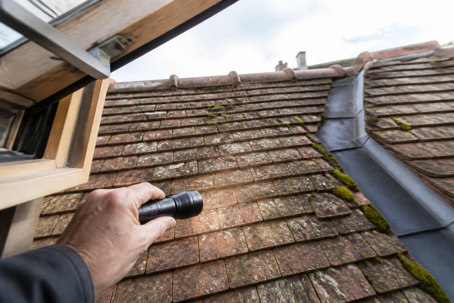 Expert observant une toiture en tuiles plates depuis une lucarne