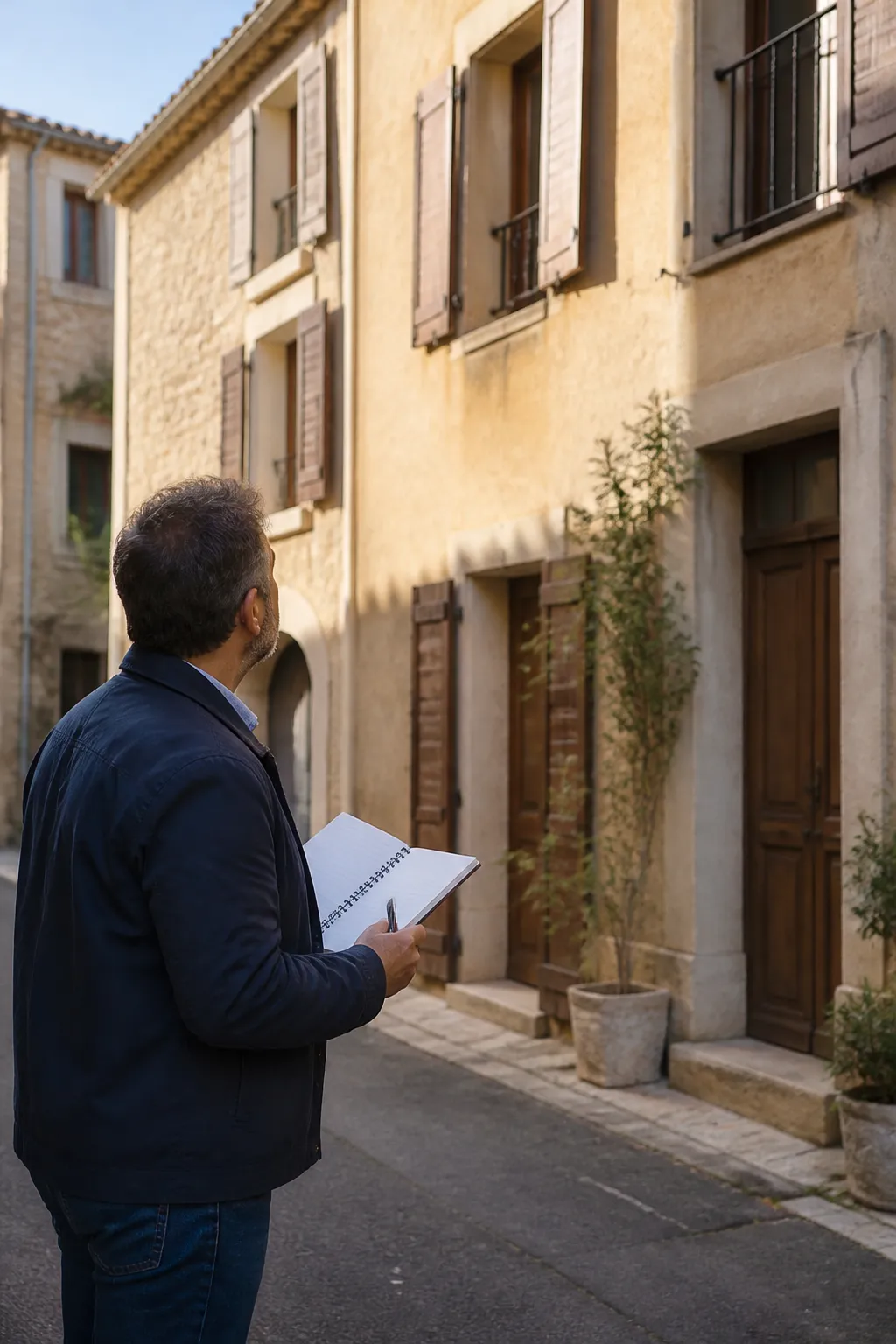 Expert en bâtiment observant la façade d’une maison de ville en pierre à Béziers