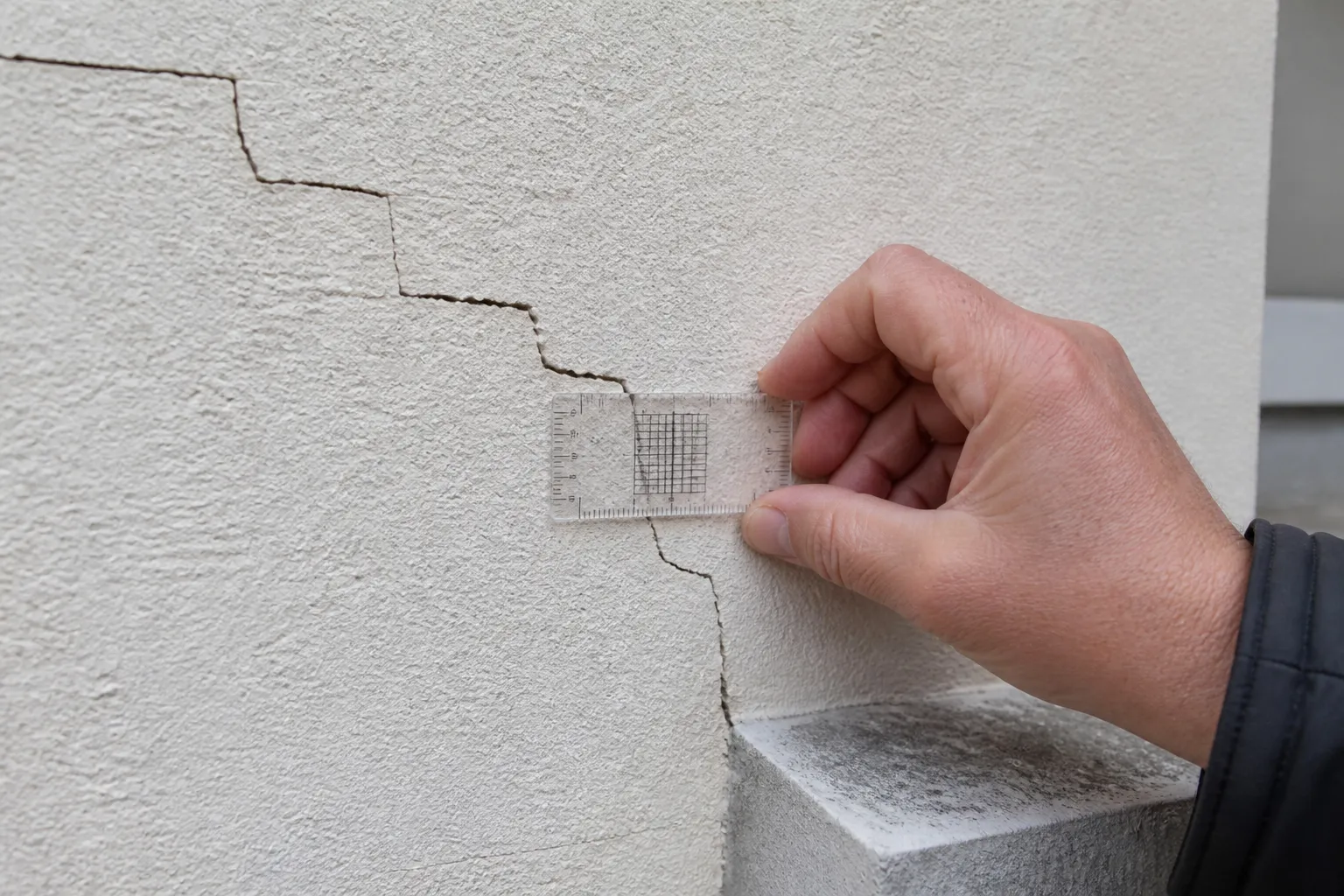 Fissure en escalier sur un mur enduit observée lors d’une expertise