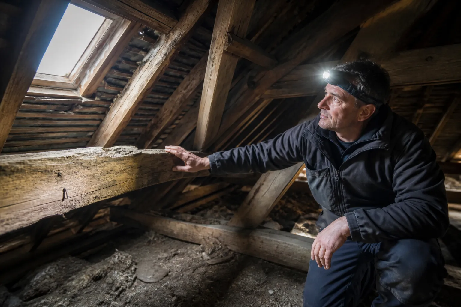 Expert inspectant des combles accessibles avec une lampe