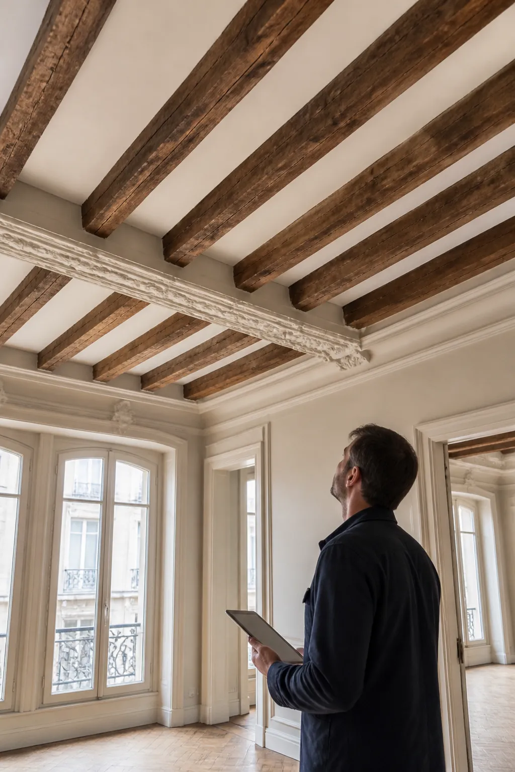 Expert en bâtiment observant un plafond haut dans un appartement ancien à Lyon