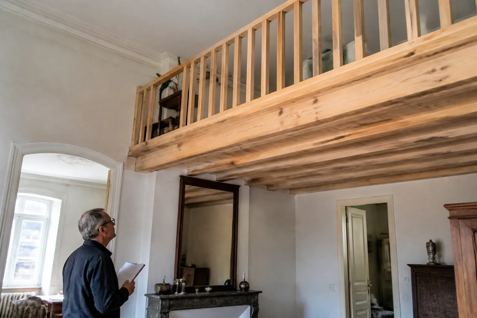 Mezzanine en bois dans un appartement ancien à hauts plafonds