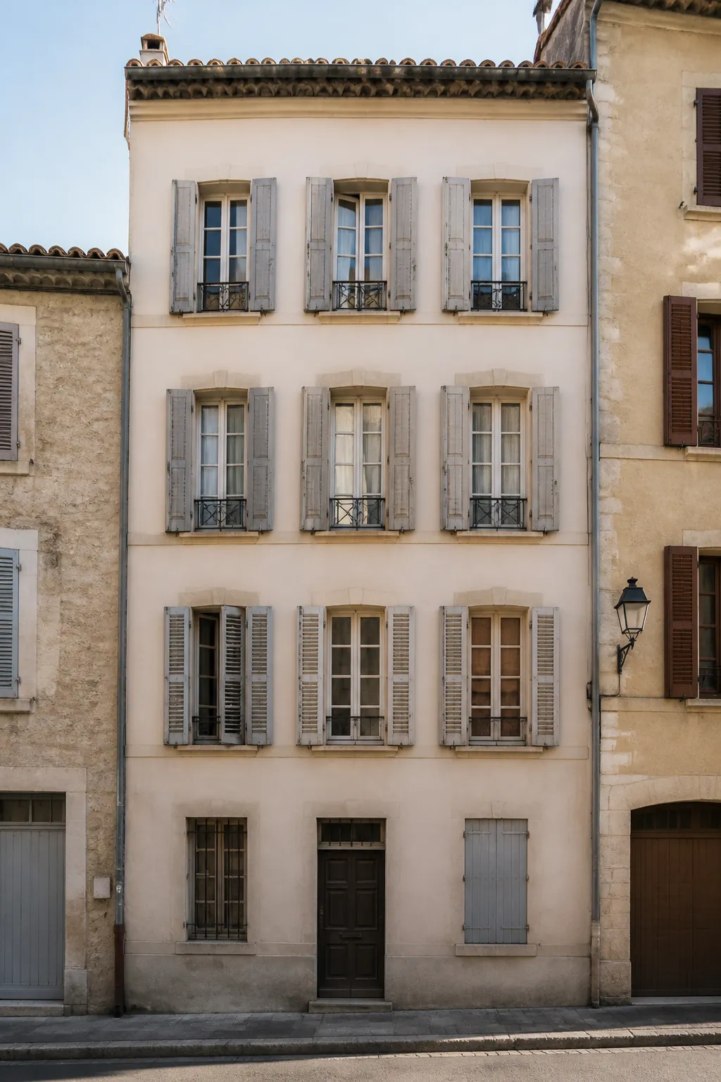 Façade enduite d’un immeuble ancien étroit à trois travées de fenêtres à Marseille