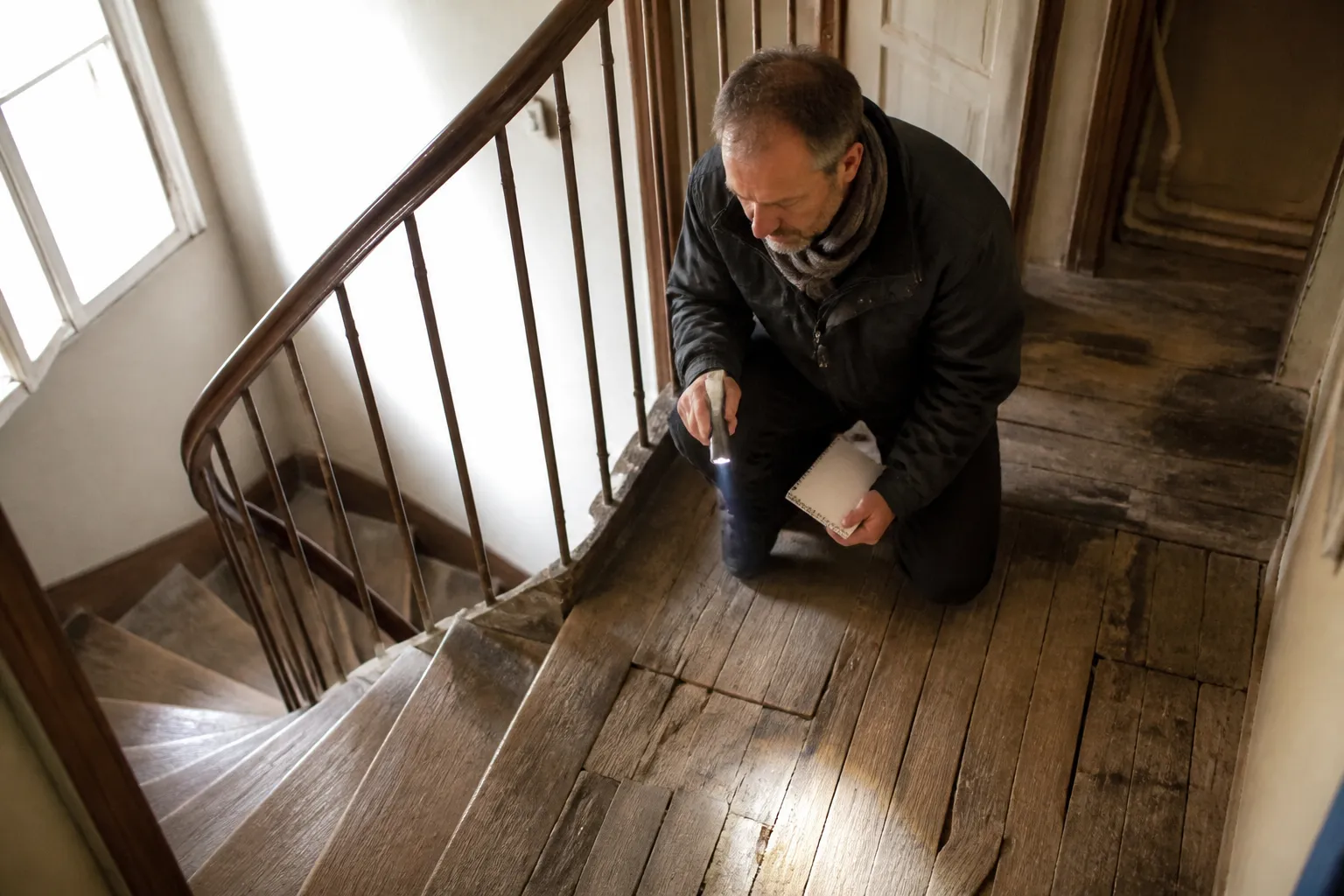 Expert en bâtiment examinant un plancher bois et un escalier étroit dans un immeuble ancien