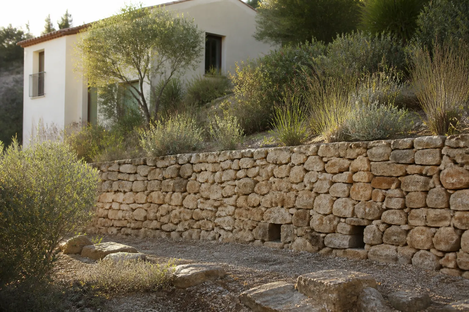 Mur de soutènement en pierre d’un jardin en pente au-dessus d’une maison méditerranéenne
