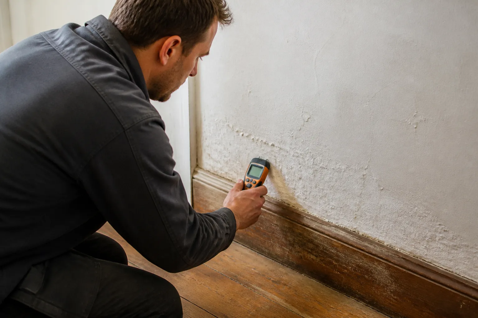 Expert mesurant l’humidité au pied d’un mur enduit dans une maison ancienne