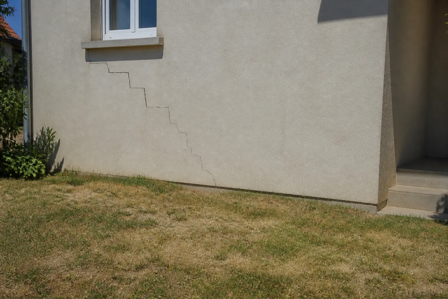 Fissure en escalier sur la façade d’une maison individuelle après un été sec