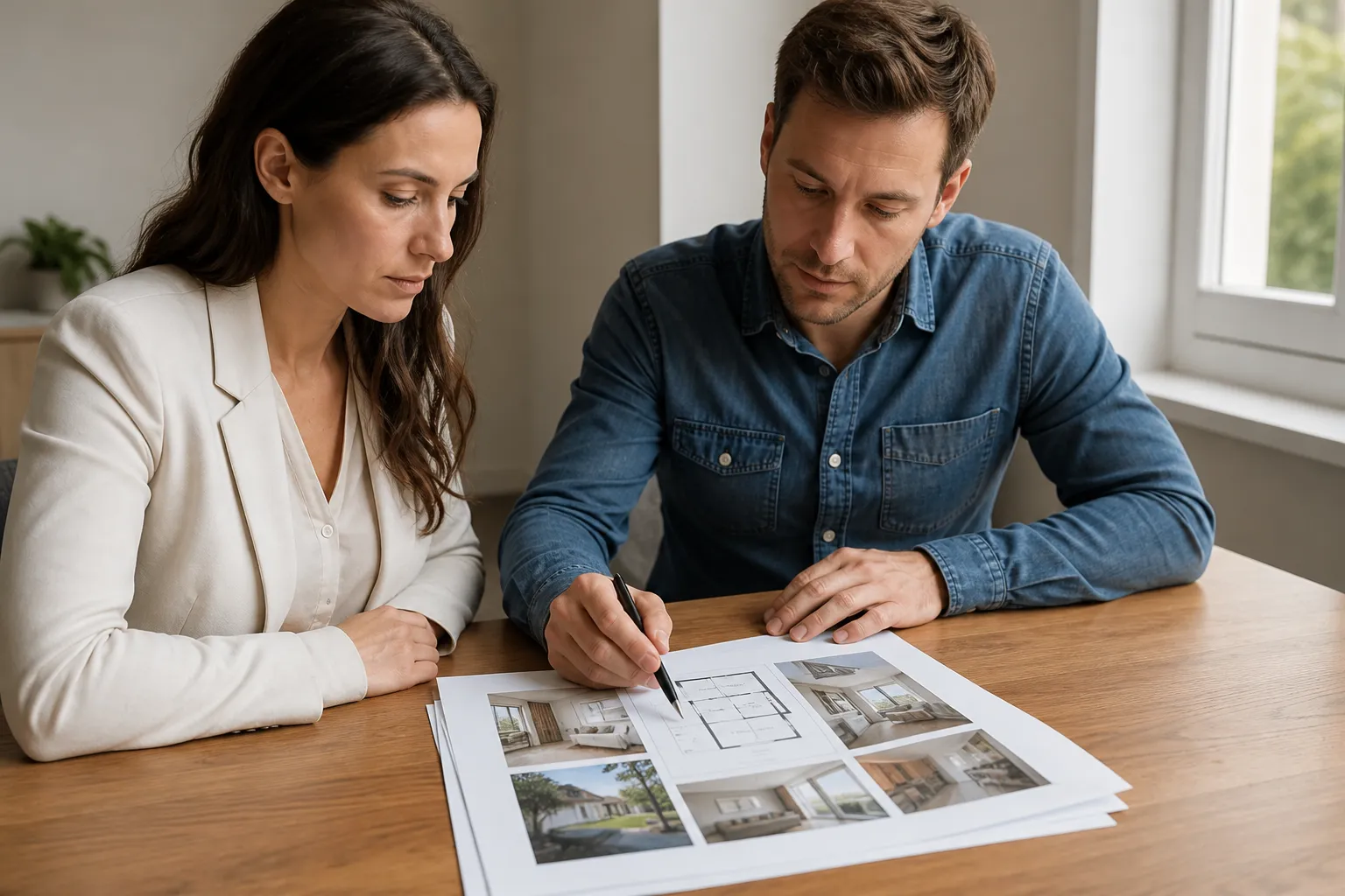 Acheteurs consultant un rapport d’expertise illustré de photographies