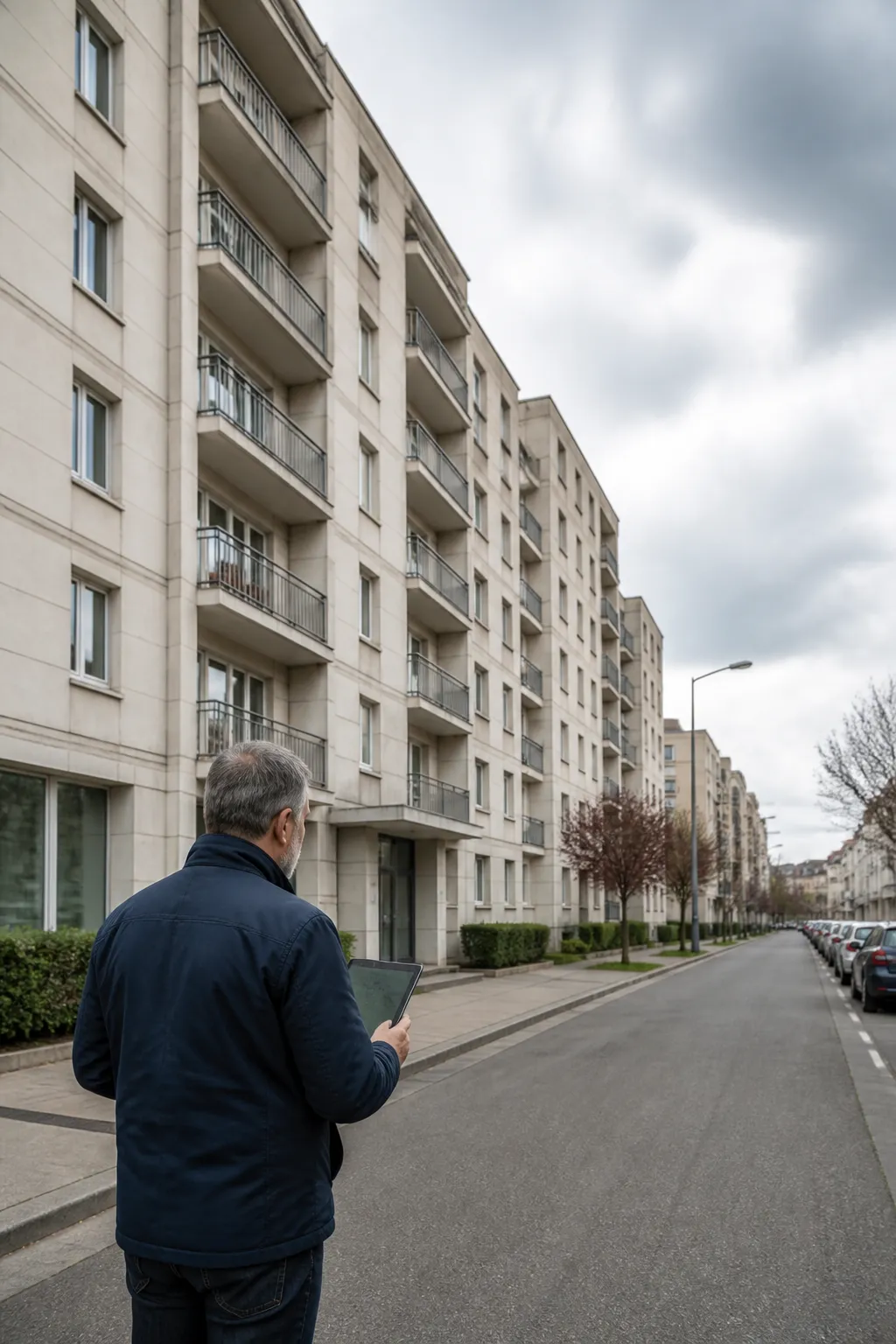 Expert en bâtiment devant un immeuble d’après-guerre à Brest