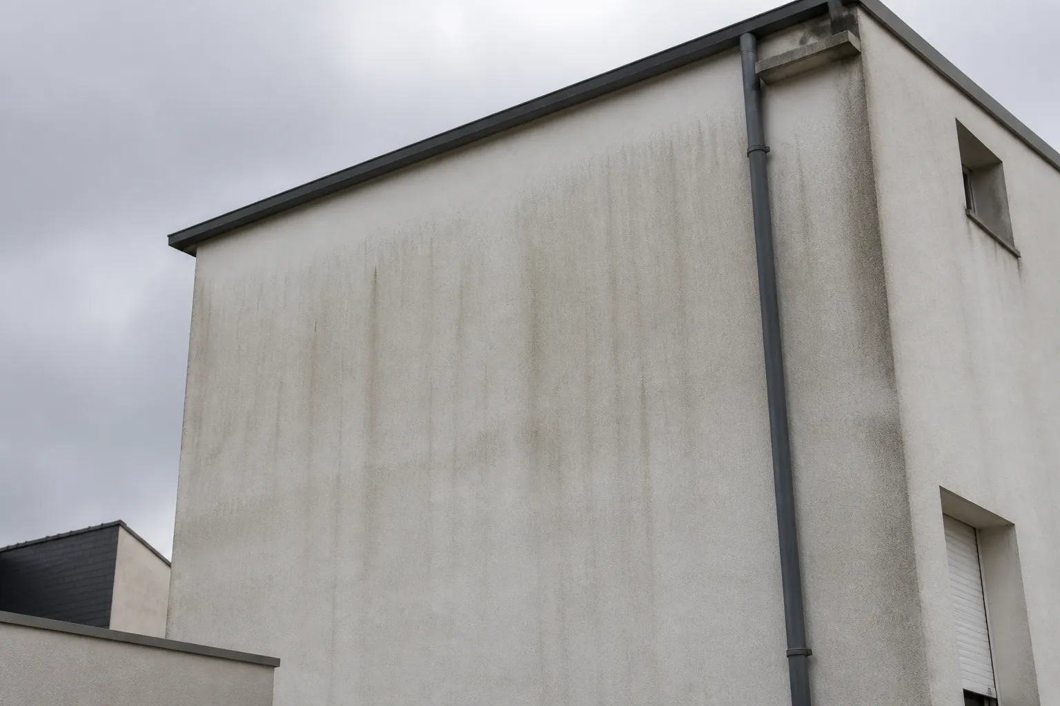 Façade exposée au vent avec descente d’eau pluviale