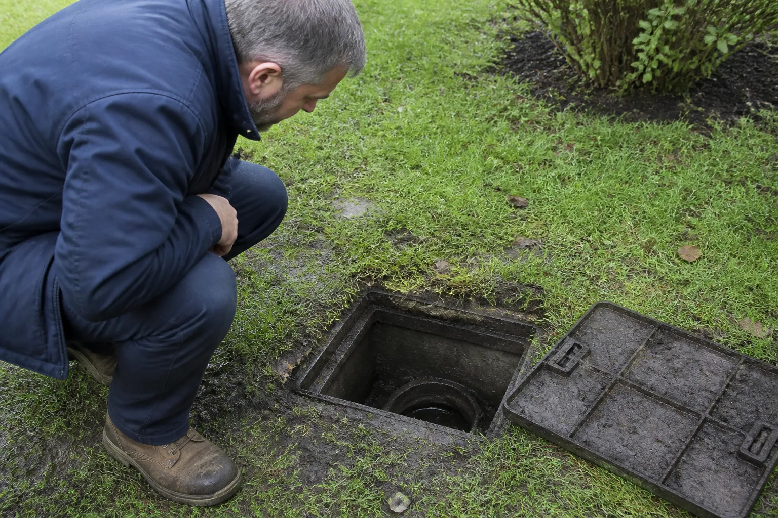 Expert examinant un regard d’eaux pluviales dans un jardin