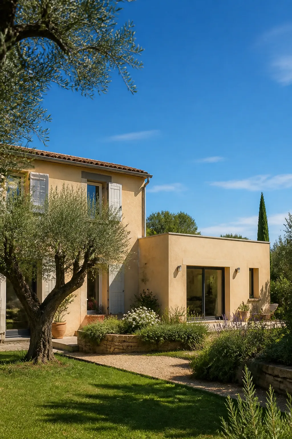 Maison individuelle avec extension et toiture en tuiles dans un jardin méditerranéen