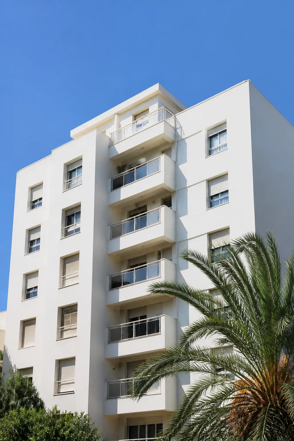 Immeuble résidentiel blanc avec balcons et volets fermés sous un ciel bleu