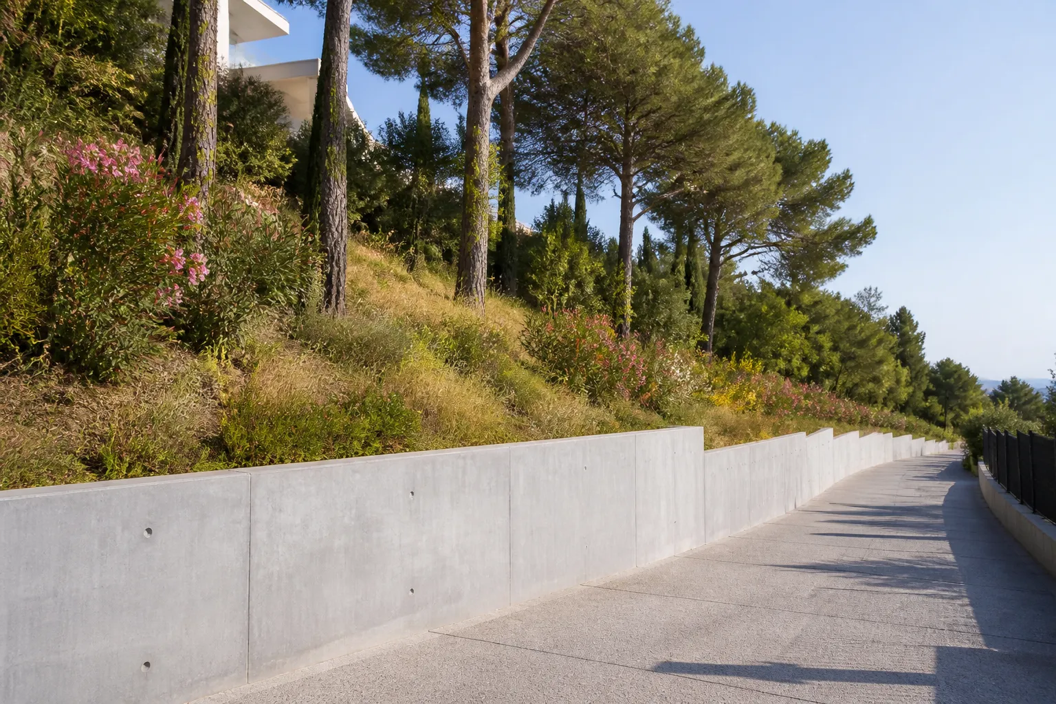 Talus végétalisé et mur de soutènement au bord d'une allée de villa