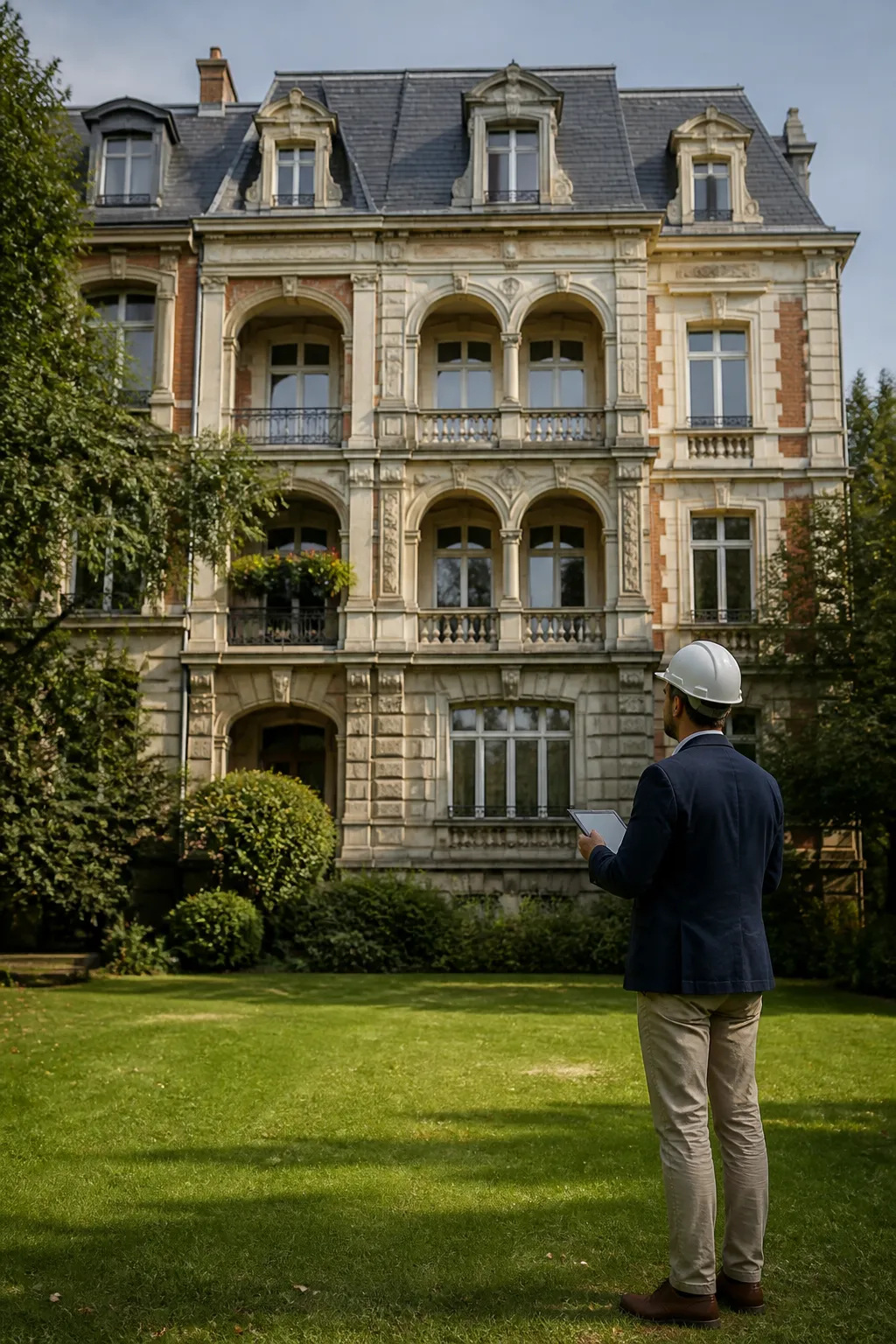 Expert en bâtiment devant un immeuble ancien à loggias et toiture d’ardoise à Chamalières
