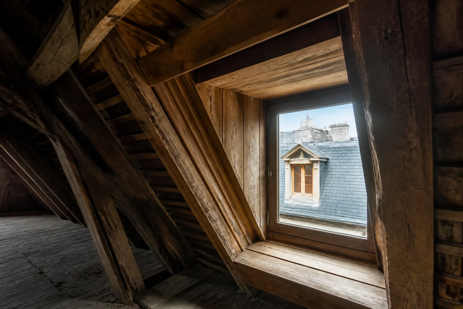 Lucarne et toiture en ardoise d’un immeuble ancien vues depuis les combles