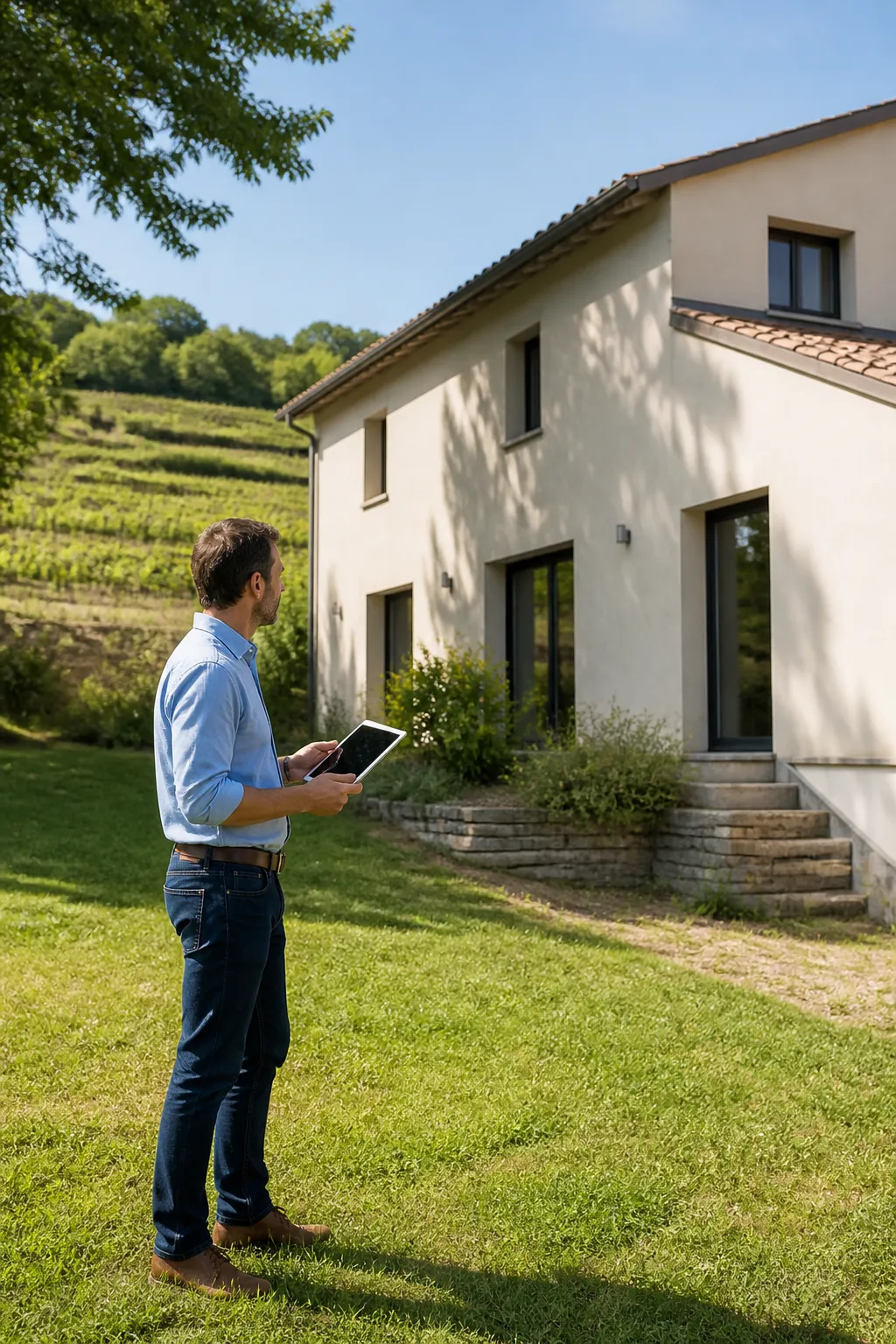 Expert en bâtiment devant une maison individuelle avec jardin en pente