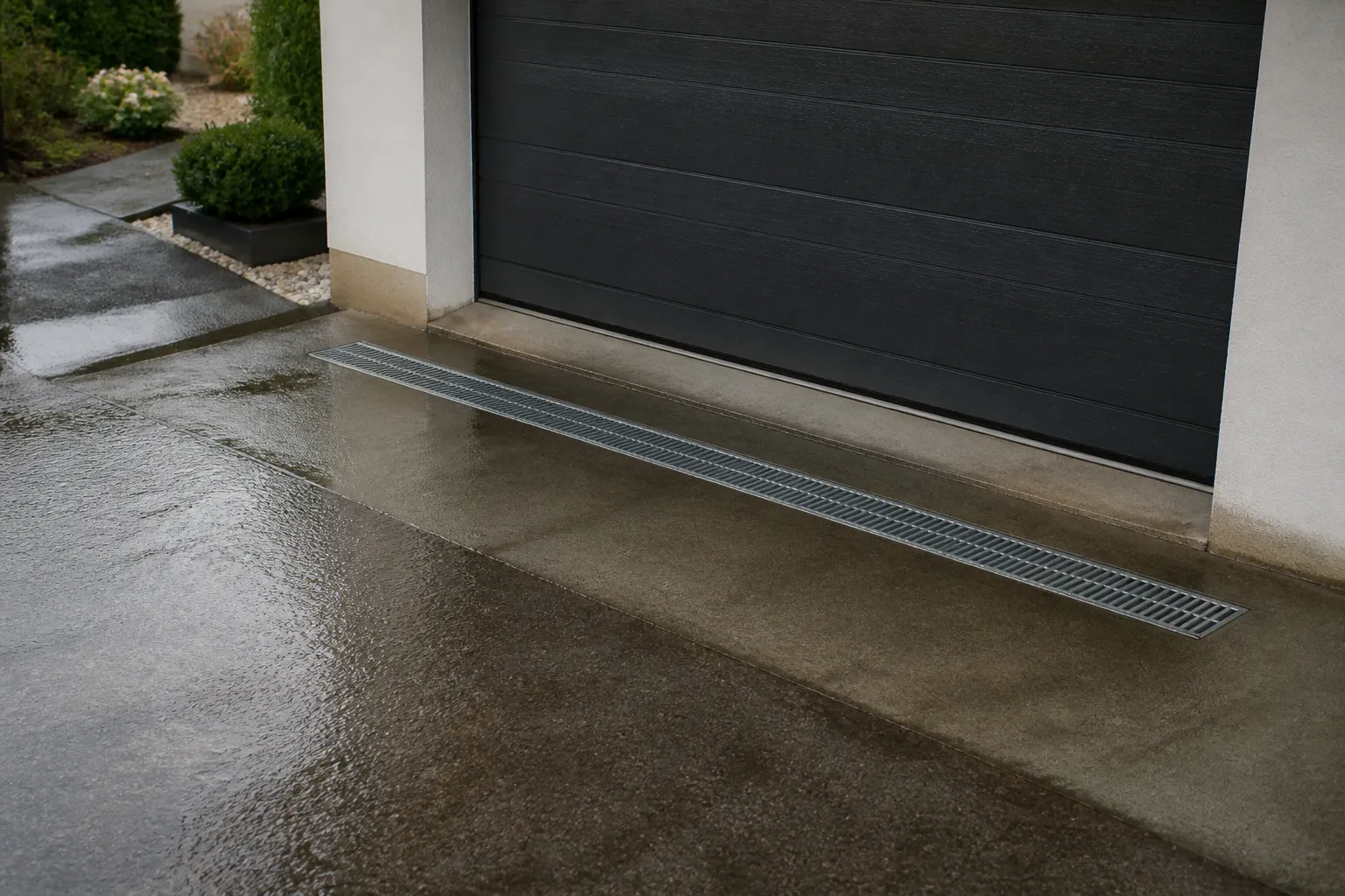 Grille d’évacuation des eaux pluviales devant le seuil d’une porte de garage