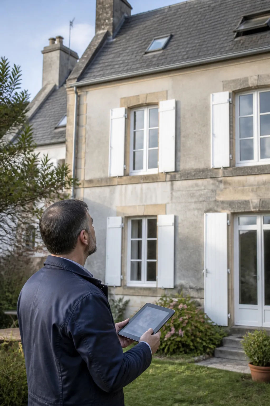 Expert en bâtiment devant une maison de ville ancienne avant un achat