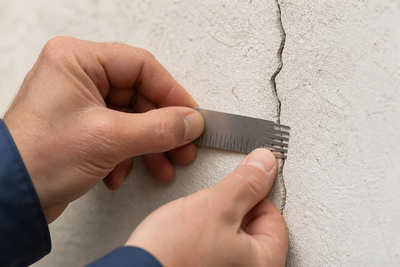 Expert mesurant l’ouverture d’une fissure avec une jauge