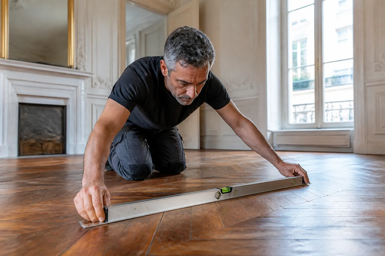 Expert contrôlant la planéité d’un plancher ancien avec un niveau