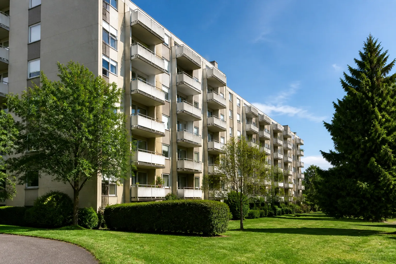 Résidence collective des années 1970 avec balcons