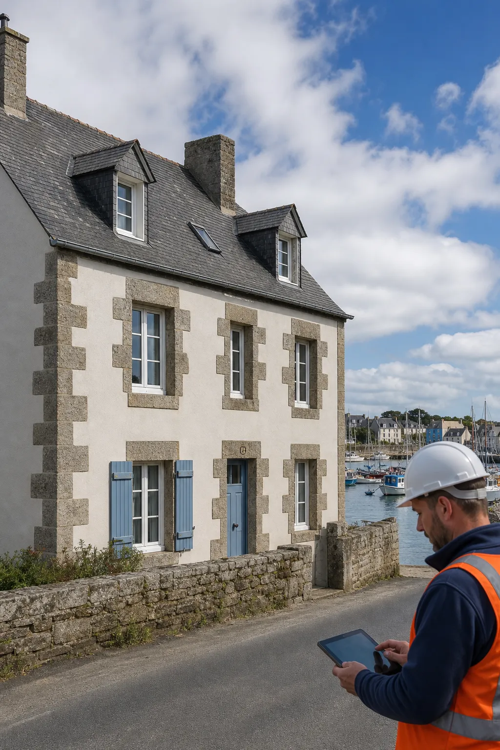 Expert en bâtiment devant une maison proche du littoral à Concarneau