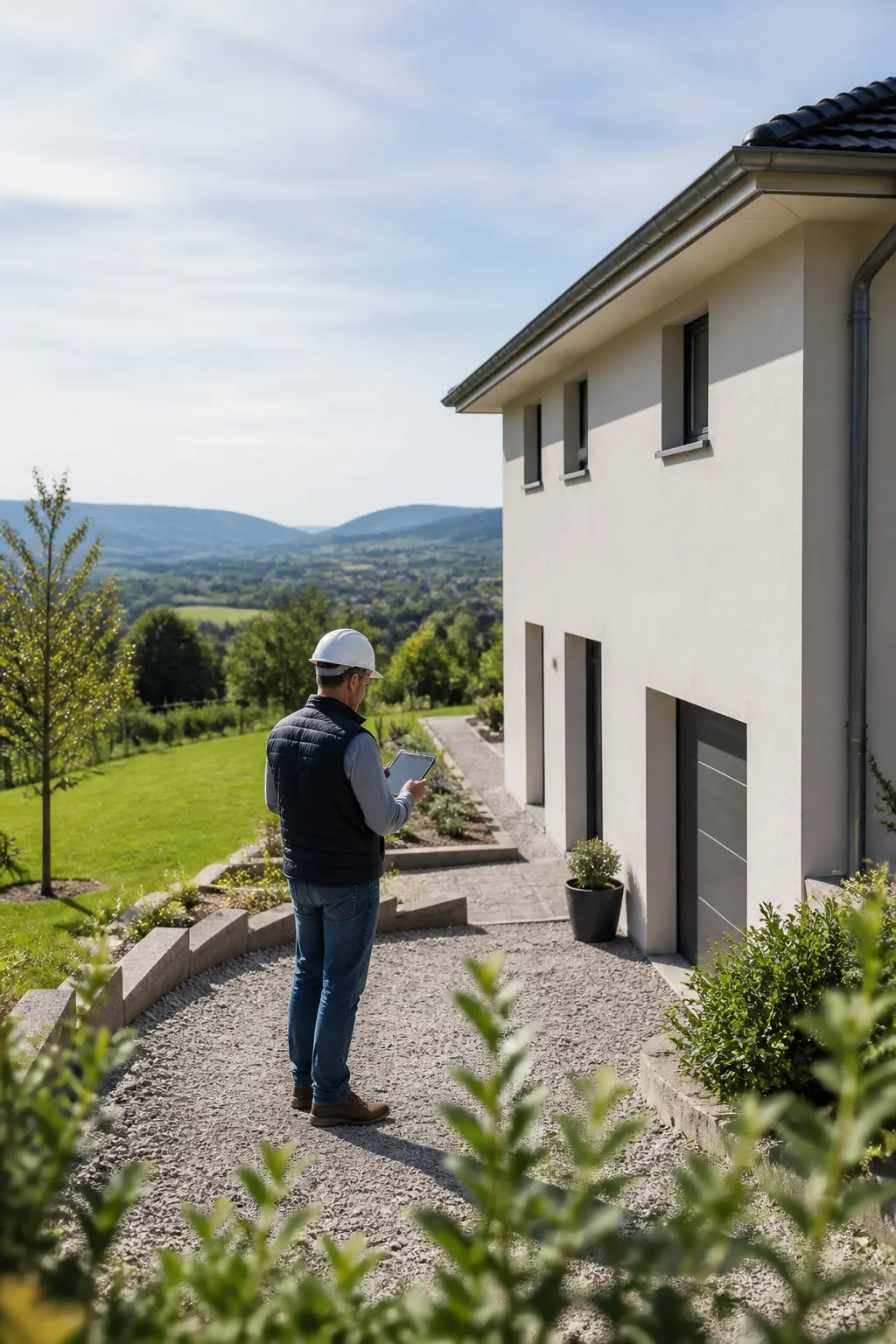 Expert en bâtiment devant une maison individuelle sur une pente à Cournon-d’Auvergne