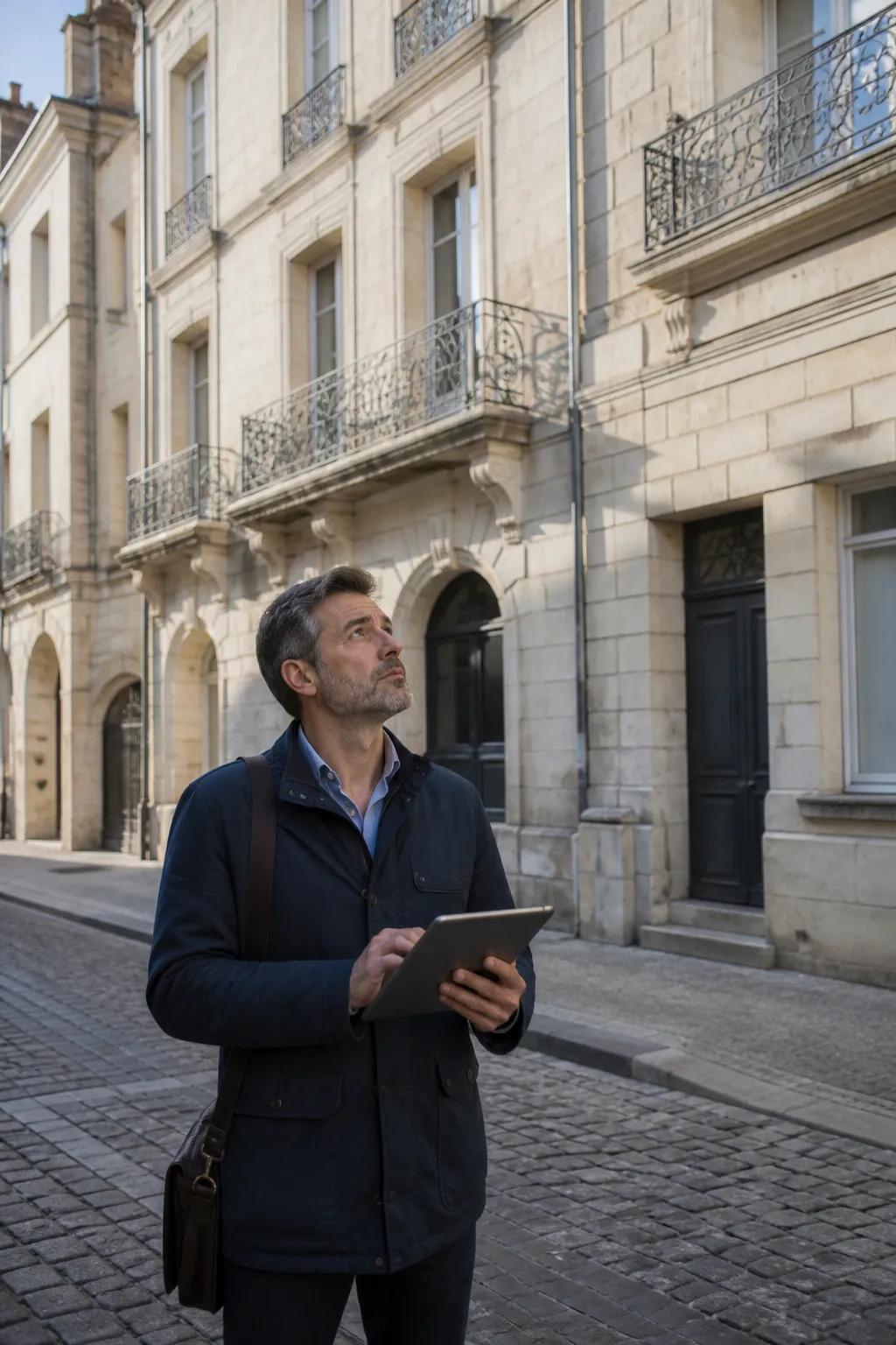 Expert en bâtiment devant un immeuble ancien en pierre de taille dans une rue de centre-ville