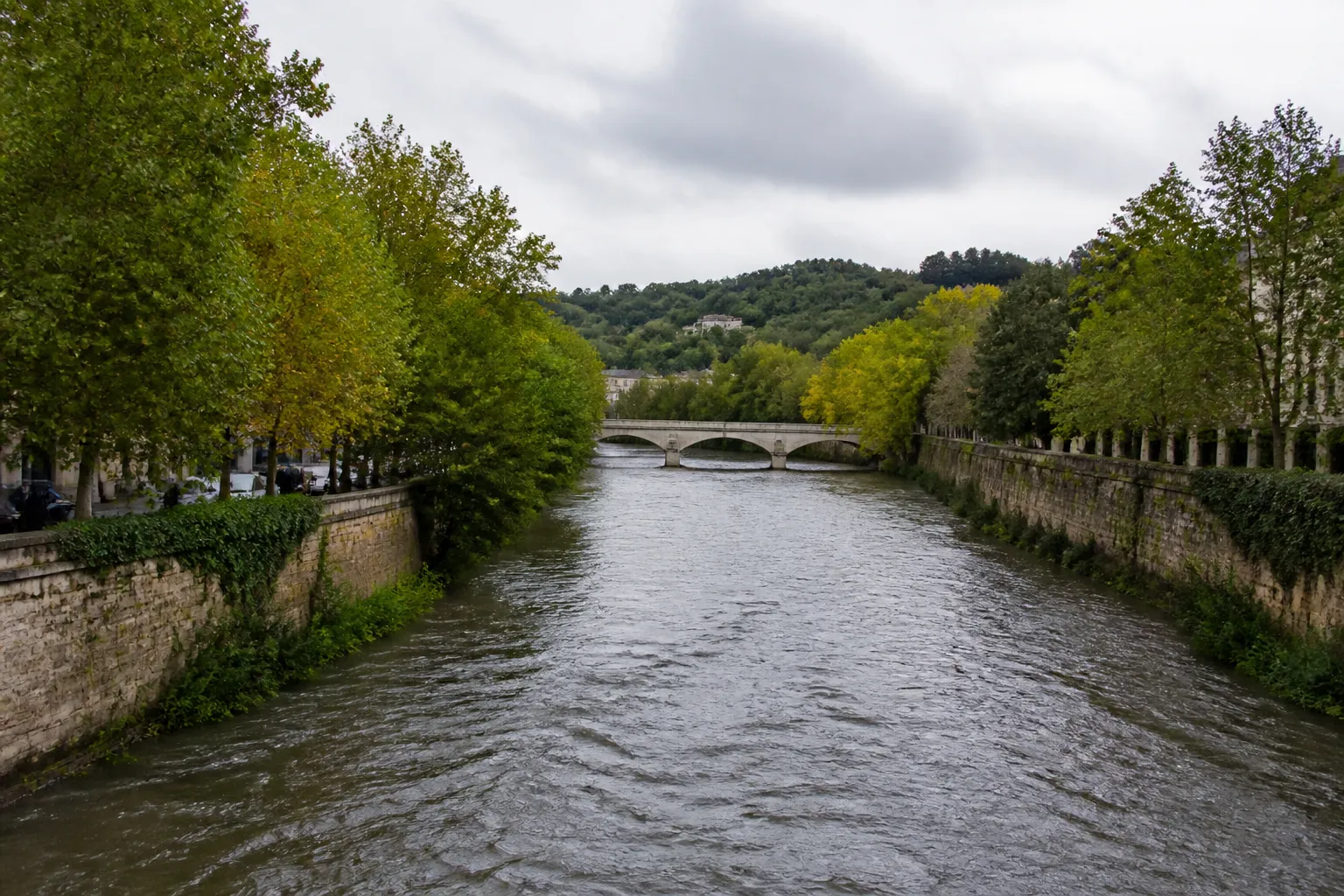 Rivière bordée d’arbres en ville après une période de pluie