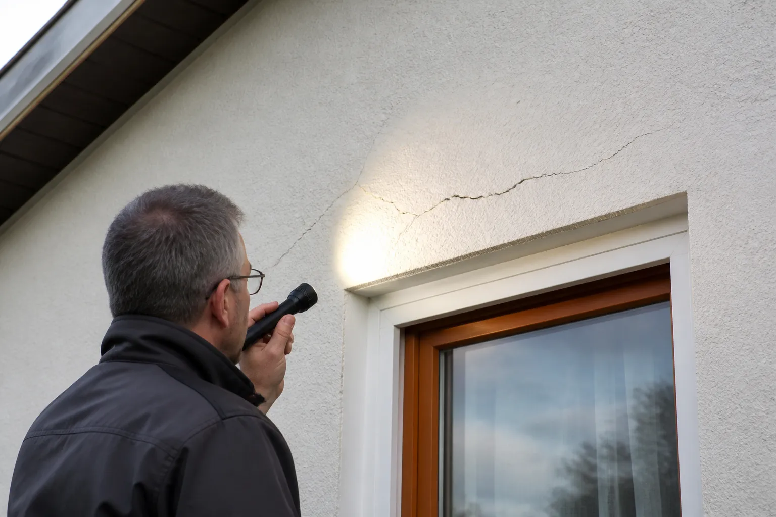 Expert examinant une fissure au-dessus d’une fenêtre de maison individuelle