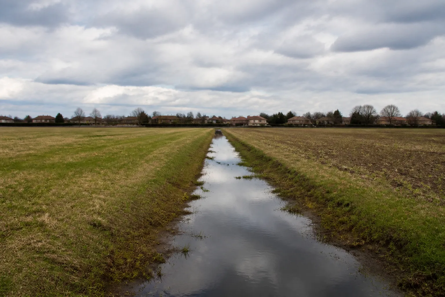 Fossé de drainage entre des champs plats près d'un quartier pavillonnaire