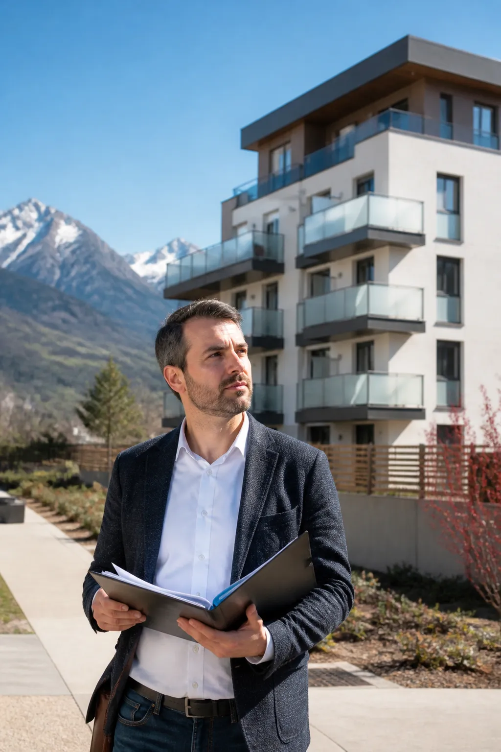 Expert en bâtiment devant une résidence avec montagnes en arrière-plan