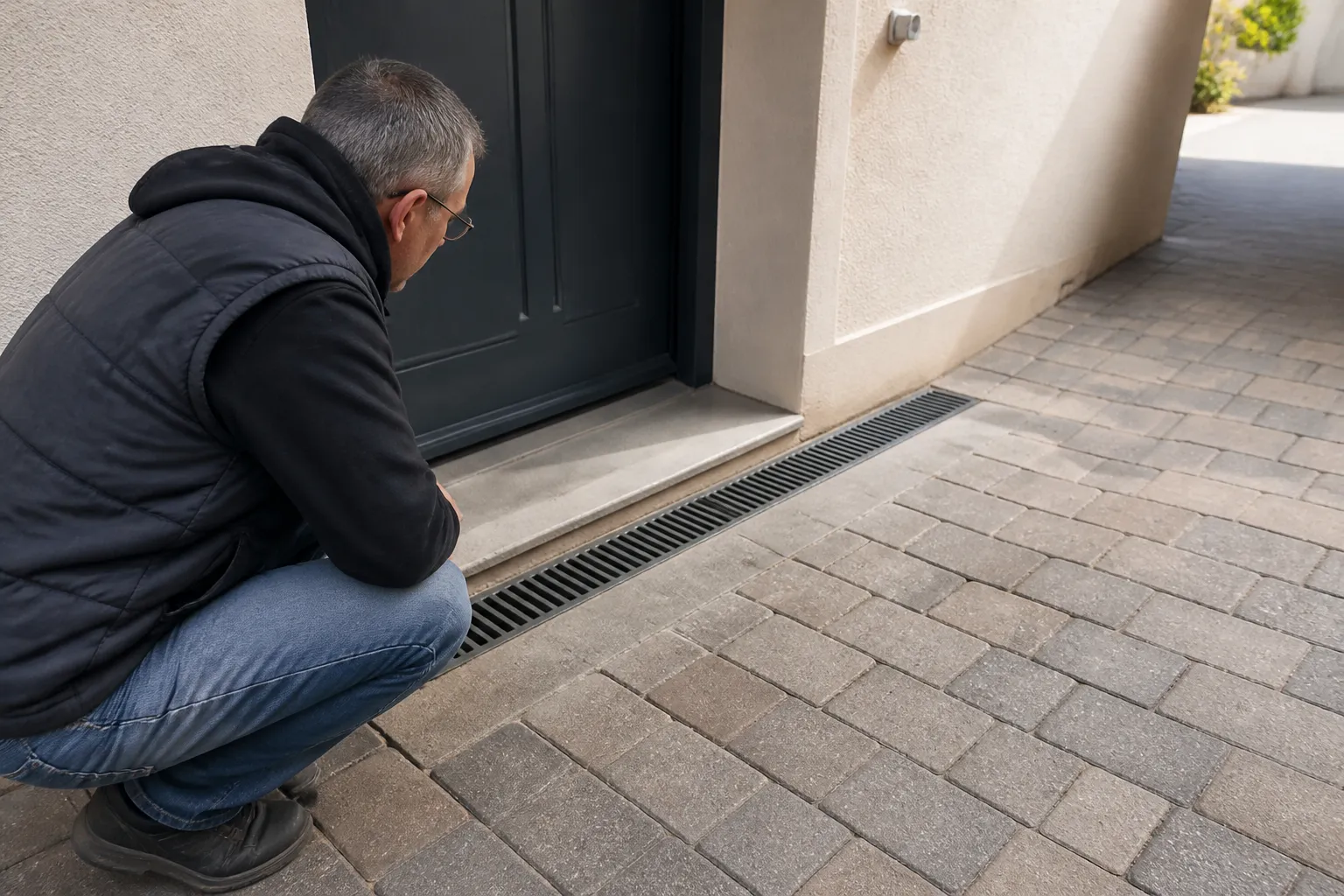 Regard d'évacuation et seuil de porte au pied d'une maison