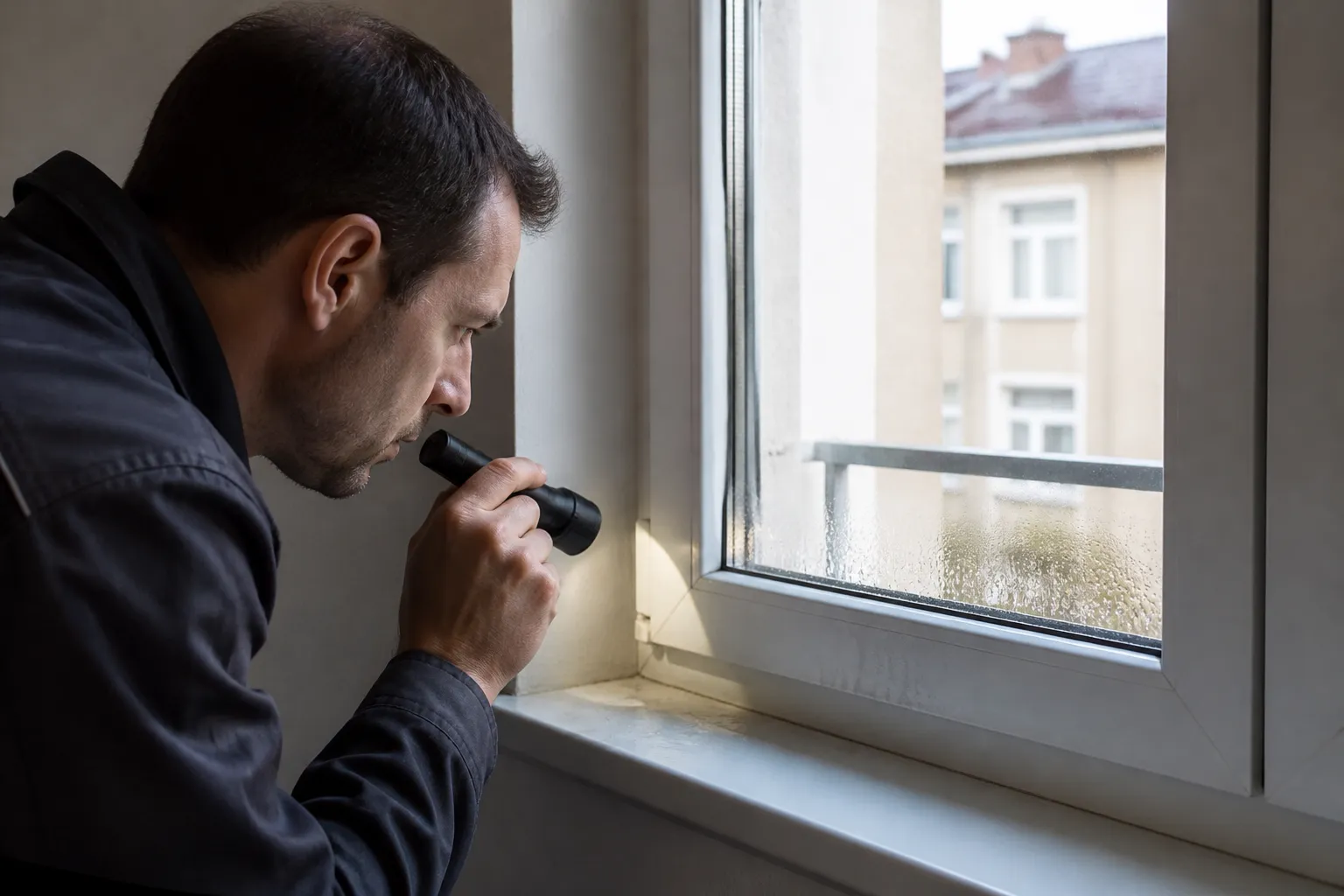 Expert examinant une fenêtre et son étanchéité dans un appartement