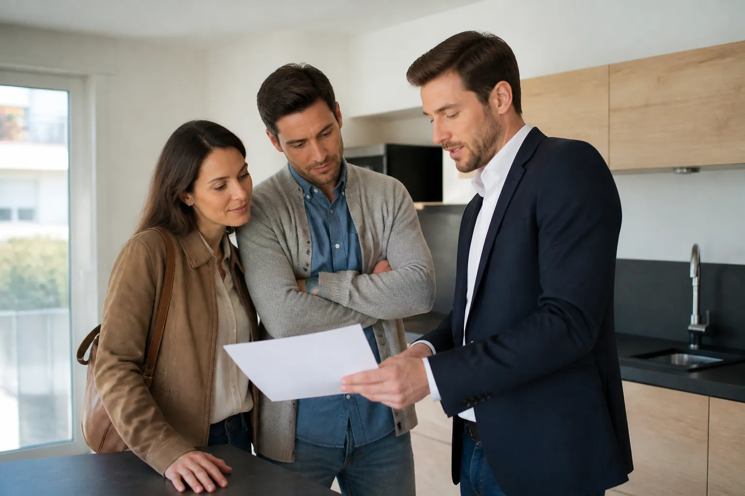 Couple et expert consultant un document dans une cuisine