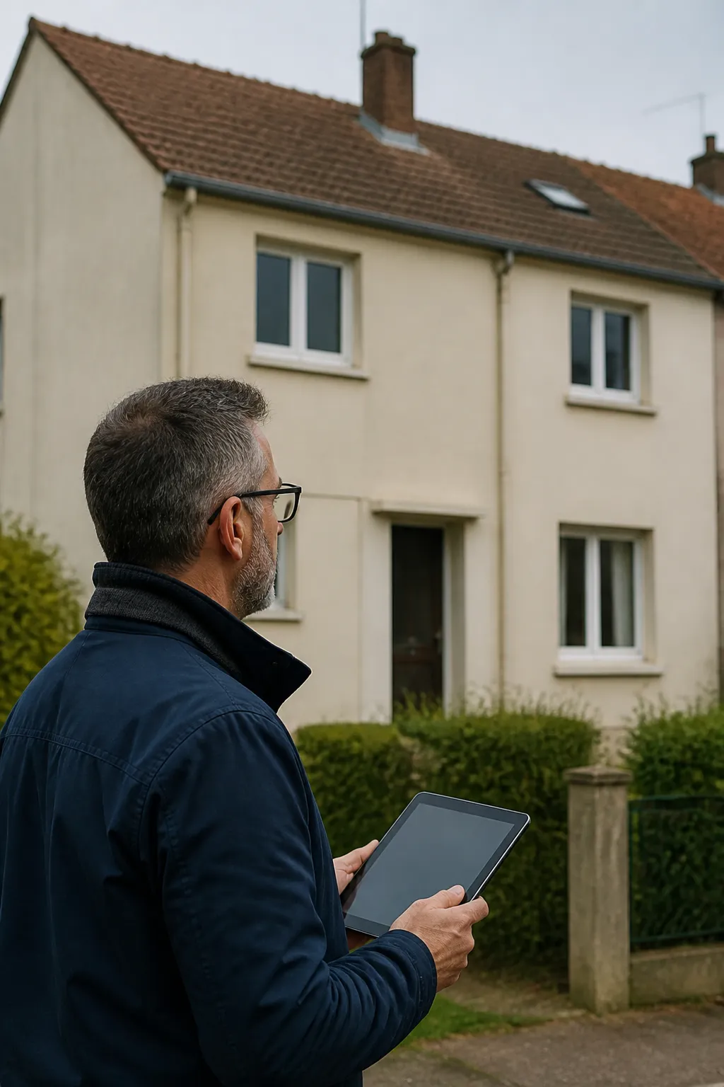 Expert en bâtiment devant une maison de cité ouvrière