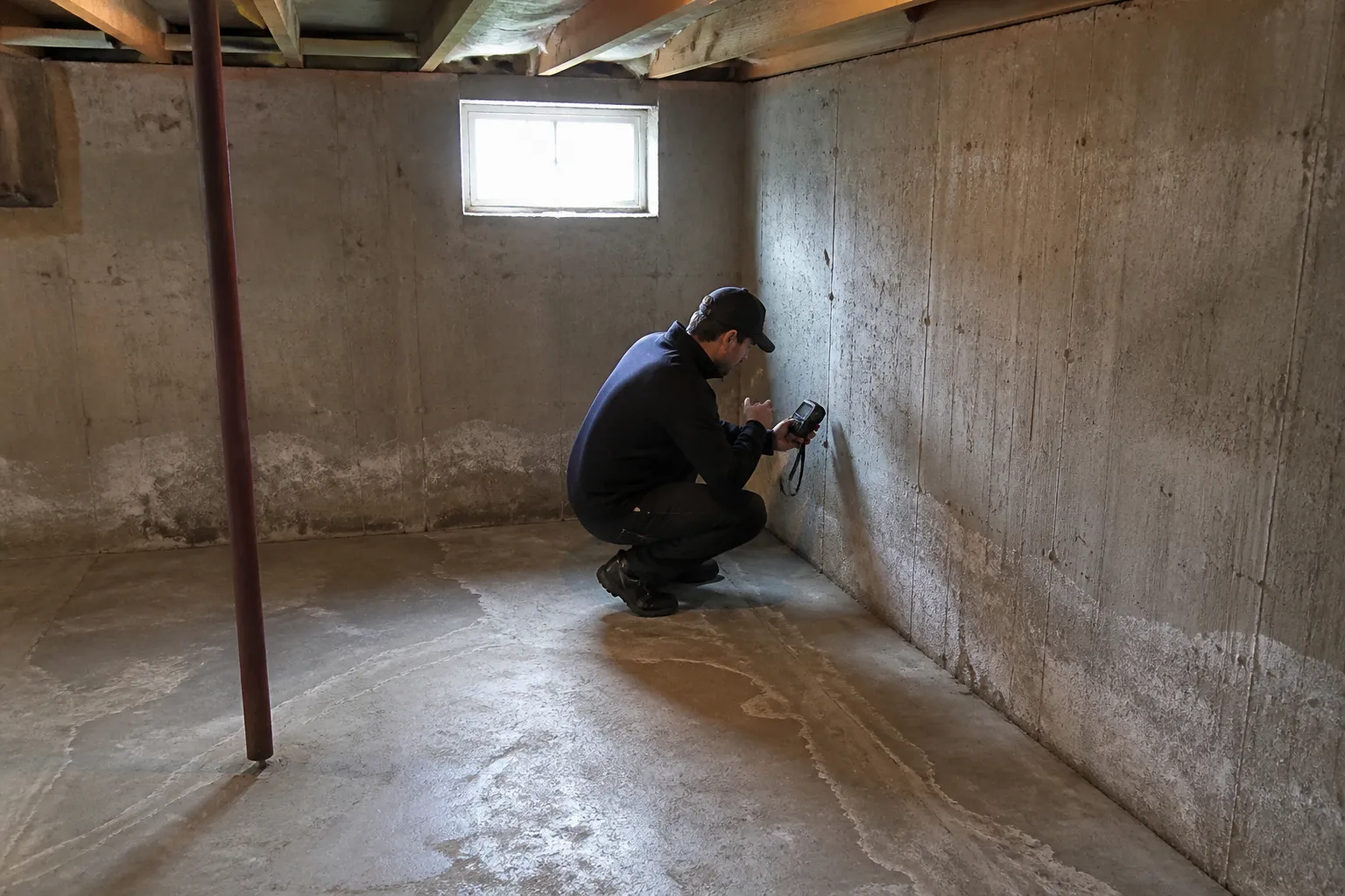 Sous-sol de maison avec traces d'eau au sol et sur les murs