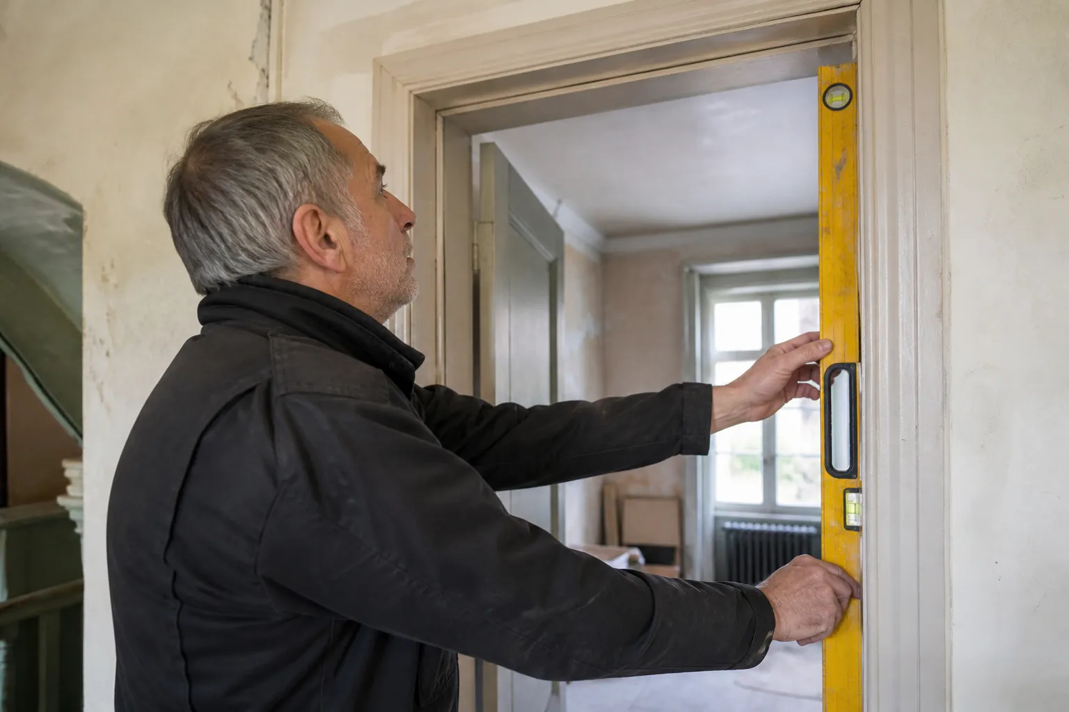 Expert vérifiant l'aplomb d'un encadrement de porte