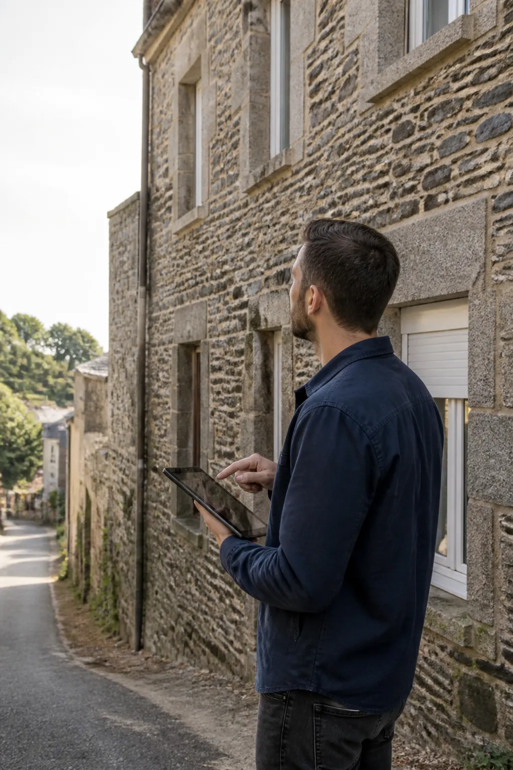 Expert en bâtiment devant une maison ancienne en granite et schiste à Fougères