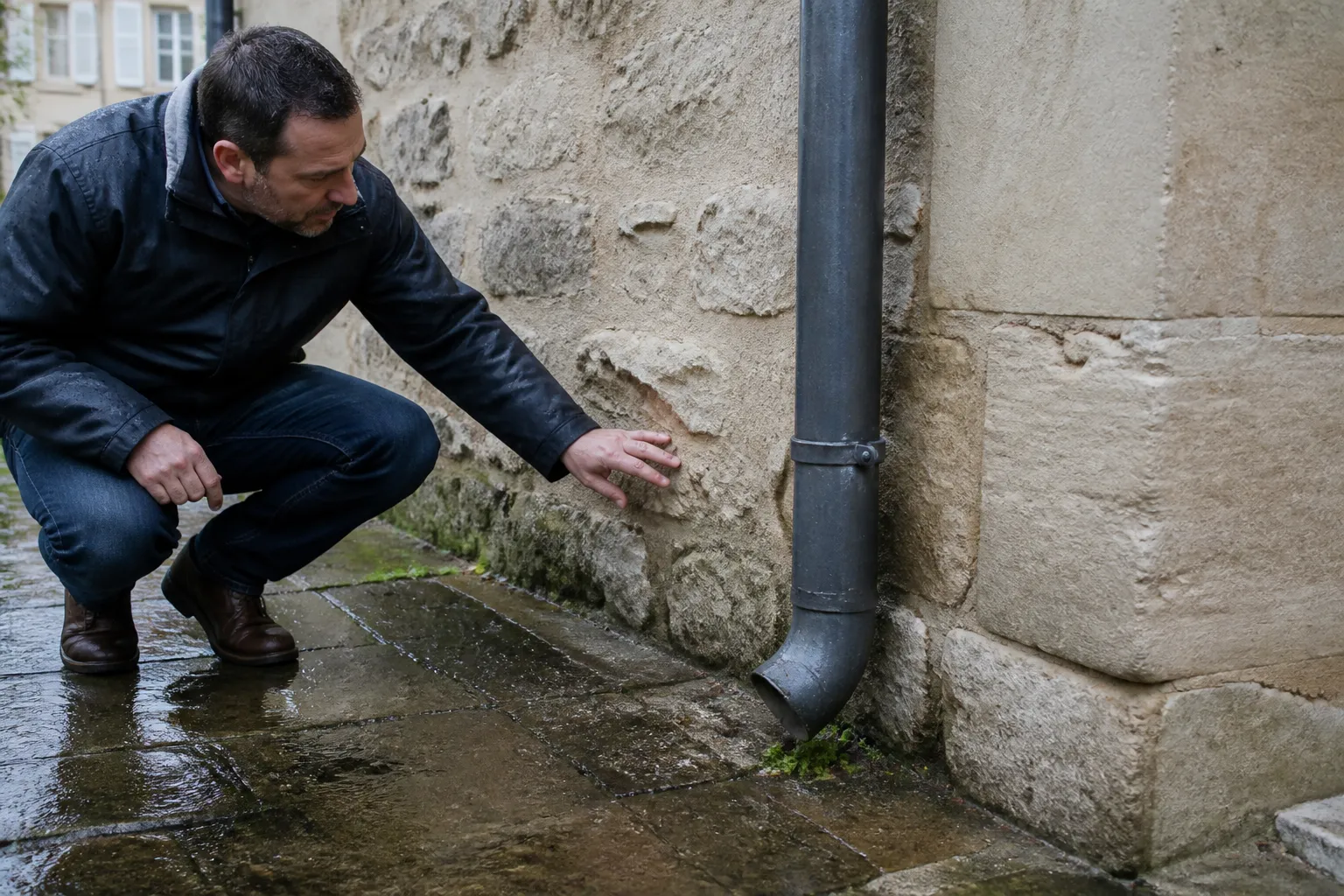 Expert examinant une descente d’eaux pluviales et un pied de façade