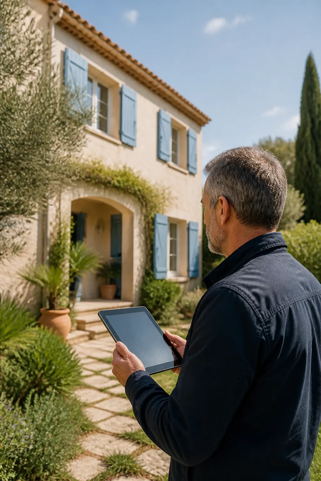 Expert en bâtiment devant une maison avant un achat à Fréjus
