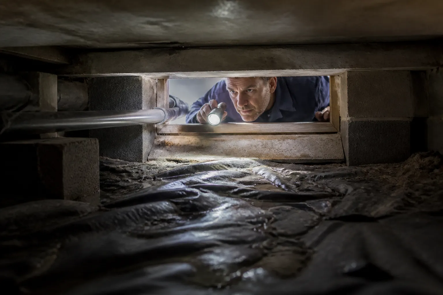 Expert inspectant un vide sanitaire à la lampe torche