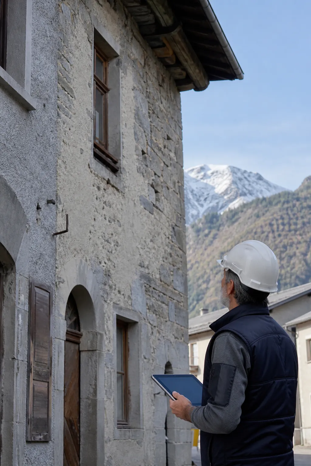 Expert en bâtiment devant un immeuble ancien d'une ville au pied des montagnes