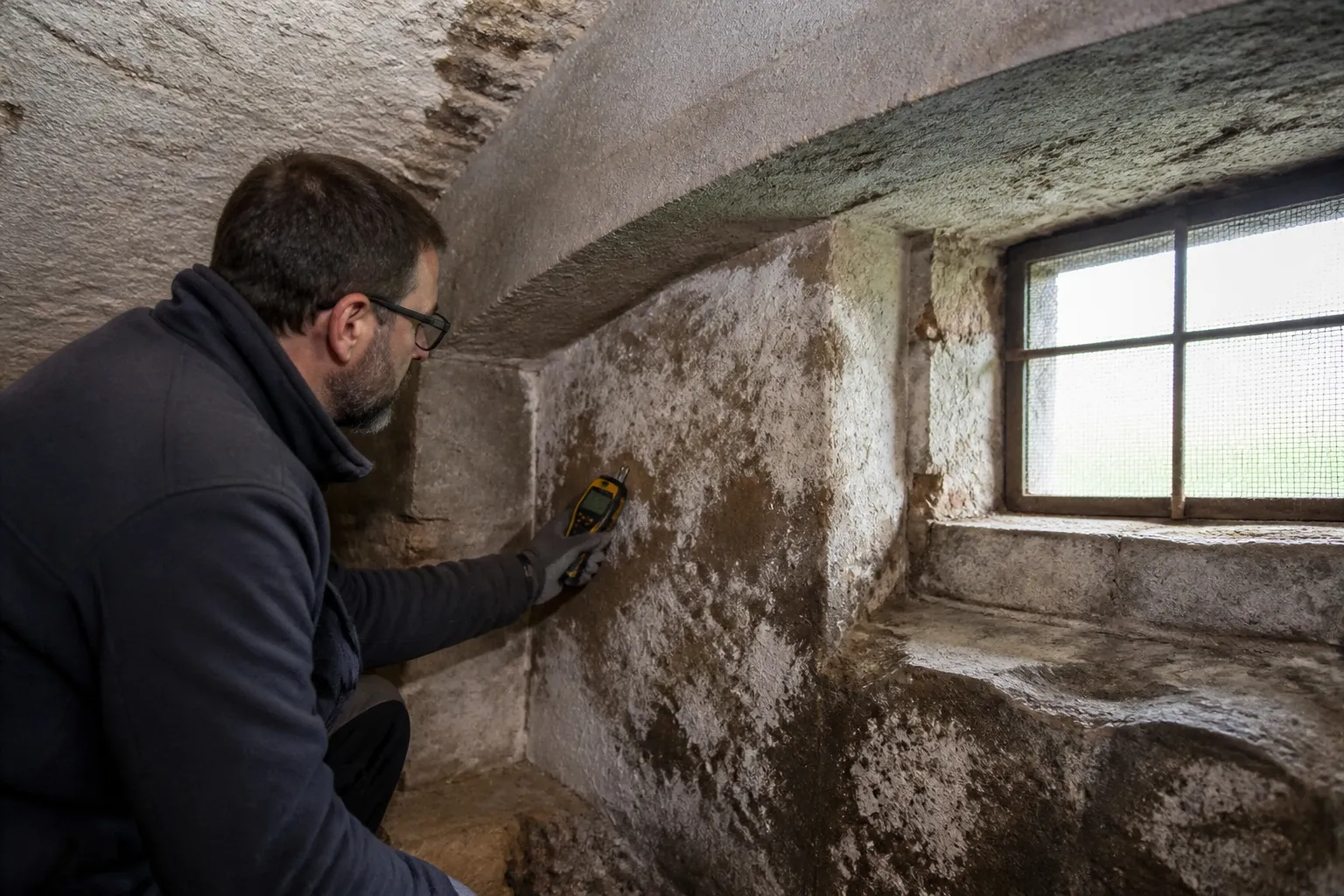 Expert examinant un mur de cave avec un humidimètre