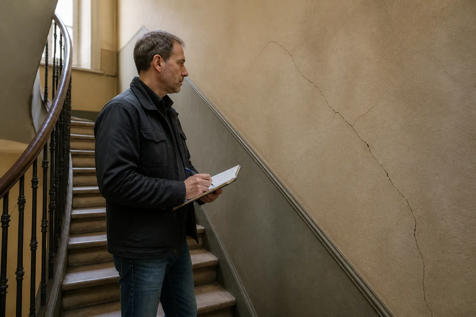Expert notant ses constats dans une cage d'escalier d'immeuble