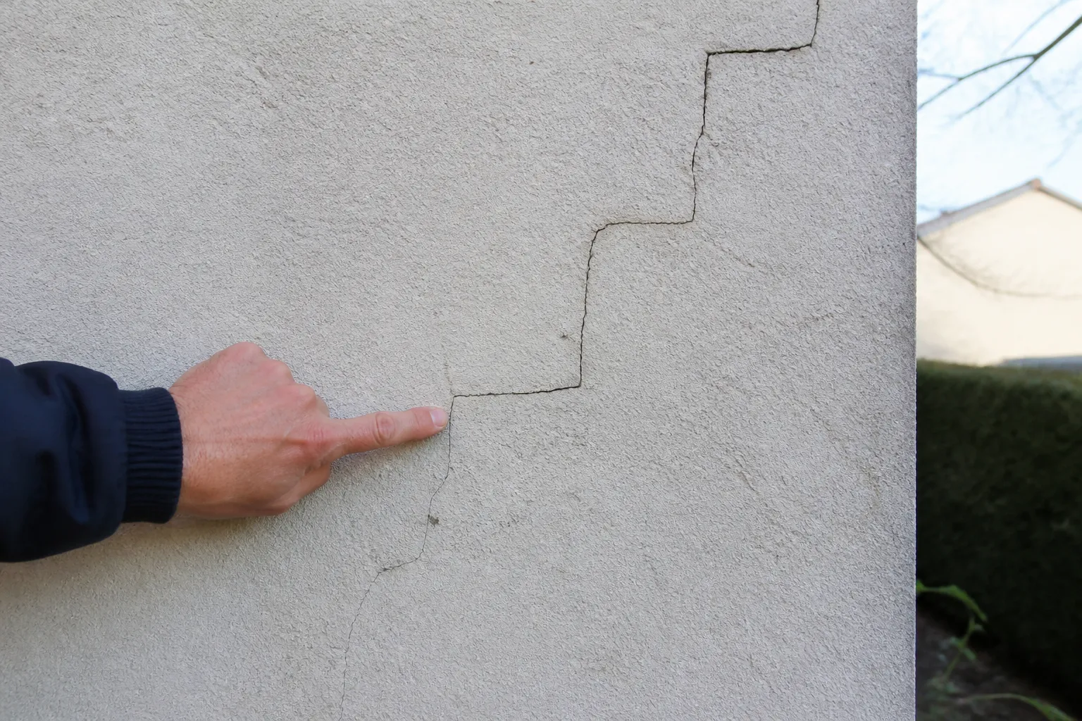 Fissure en escalier sur un mur de maison observée par un expert
