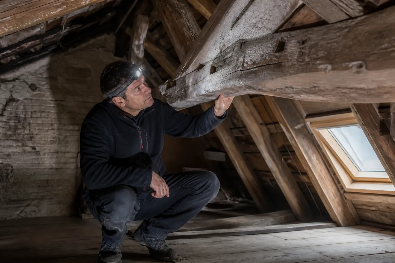 Expert en bâtiment examinant la charpente d'une maison ancienne
